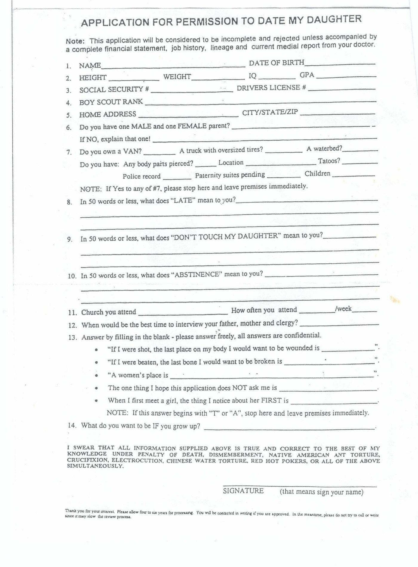 Scan of a novelty sheet headed “Application for permission to date my daughter”, kept at Ocean Cabin as a joke.