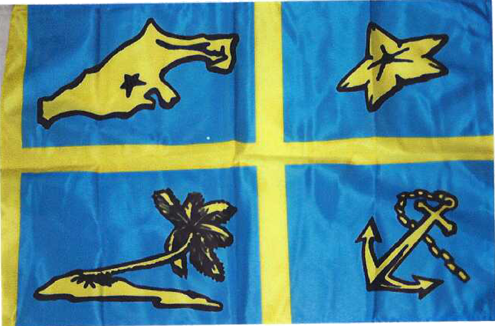 The flag of Farmer's Cay, painted by Terry Bain: an aquamarine field quartered by a gold cross, carrying a starfish, a palm, an anchor and the island itself.